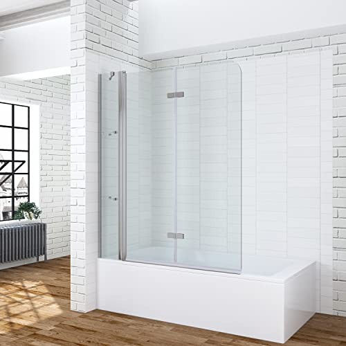 Sanyroi Badewannenaufsatz 150x140 cm Faltbare Duschwand für Badewanne mit Duschablagen 5 mm ESG Glas NANO-Beschichtung Chromoptik Hebe-Senk-Mechanismus