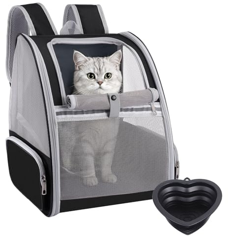 Kattryggsäck, transportin för katter och hundar liten bärbar 7 kg, katt- och hundväska, transportin katt med hjärtformade hopfällbara skålar för resor