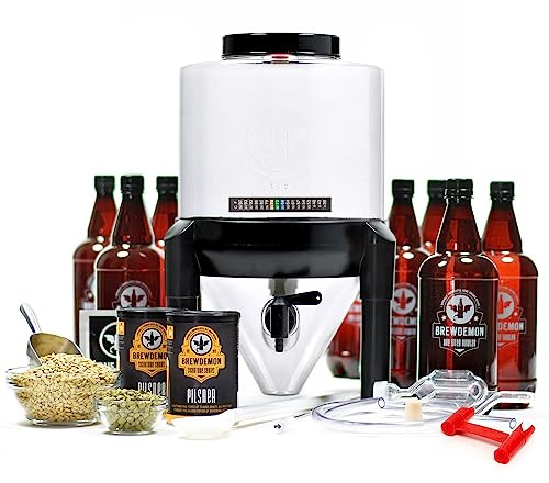 BrewDemon Premium Signature Kit Pro – NO AIRLOCK OR SIPHON REQUIRED – Conical Fermenter Eliminates Sediment and Makes Great Tasting Home Brewed Beer - Includes a 2 Gallon Pilsner Recipe