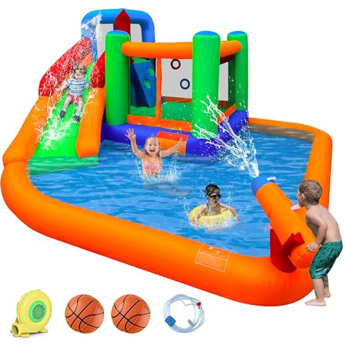 Inflatable Water Slide Spin Combo Jumper Bounce House with Large Slide, Bounce Area, Climbing Wall, Splash Pool, Water Cannon, Basketball Rim, Blower for Backyard Party