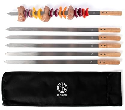 JD Europe 6pcs Turkish Adana Kebab BBQ Skewers with Wooden Handles. Stainless Steel Flat Wide Barbecue Skewers Length 57.5cm, Width 2cm and 2mm Thick.