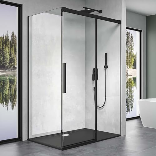 doporro Cabine de Douche Transparent Noir 90x150x195cm Paroi de Douche Montage Réversible avec Porte Coulissante avec Amortisseur Ravenna12K-Plus