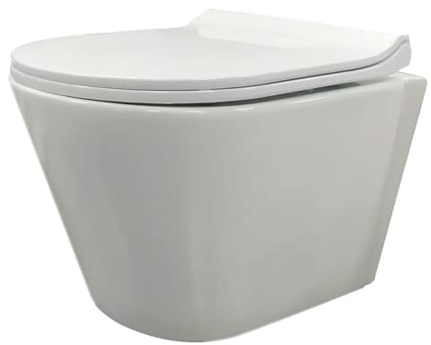 Wc Inodoro Suspendido Redondo Rimless | Vater Colgante de Cerámica Blanca con Montaje a Pared | Inodoro con Fondo Reducido y Asiento Caída Amortiguada (Wc Suspendido Redondo 49,0 x 33,5 x 30 cm)