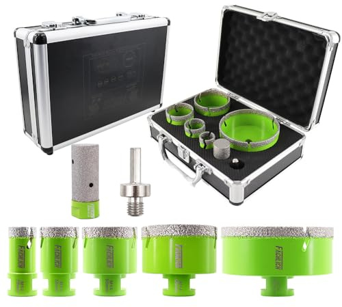 FACHLICH Diamantbohrer Fliesenbohrer Set 25/35/50/68/100mm Diamant-Bohrkrone Lochsäge 7 Stücke mit 25mm Fingerfräser ein Adapter für Porzellan Fliese Granit Marmor Trockenbohren