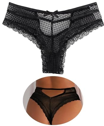 ohmydear Erotische Damen Höschen String Tanga Sexy Unterwäsche für Frau Große Größen Reizwäsche Brazilian Slip Spitze Unterhosen mit Rücken Loch Schwarz
