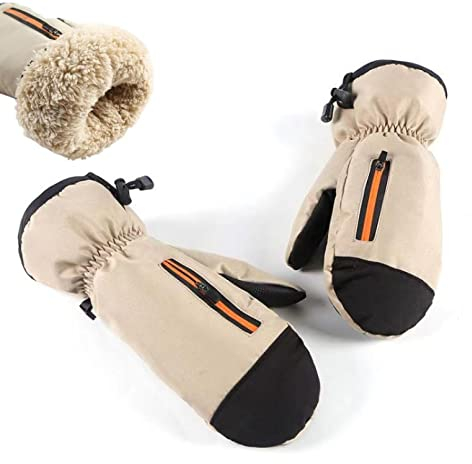 Gitvirgo Fäustlinge für Damen, Ski-Fäustlinge, wasserdichte Fäustlinge für Damen, Thermo-Baumwolle, Winterhandschuhe, Unisex, mit Reißverschlusstasche, Sport, Radfahren, Laufen, extra warmes Khaki