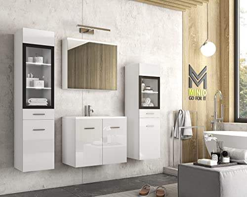 MINIO go for it - Badezimmermöbel Set Marit 2 Wandspiegelschrank mit LED | Schrank mit Waschbecken, Farbe: Weiß Matt / Weiß Hochglanz