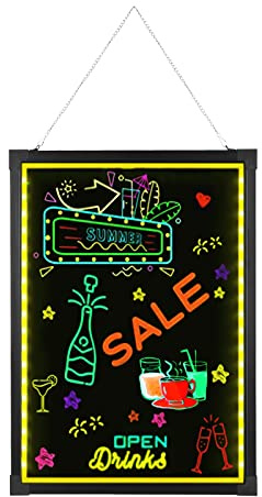 Kommerziell LED Beleuchtete Kreidetafel, Leuchtschilder Glas Blackboard Led Schild Schreibtafel Nachrichtentafel mit Fernbedienung und 8 Neon-Stifte Leuchttafel für Café Bar Restaurant 50 x 70cm