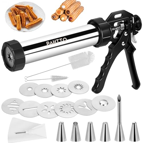 PAHTTO Churro Maker Maschine, Edelstahl Churros Pistole Kit, 3 in 1 Multifunktions Cookie Press Hohl Churro mit Spritzbeutel, 6 Spritztüllen, 9 Keksscheiben & 2 Bürsten, Leicht zu Reinigen