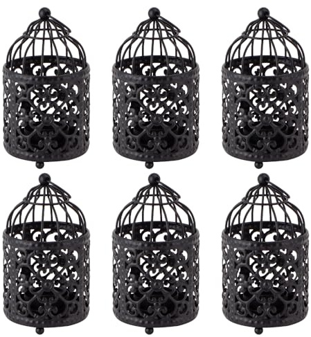 JHY DESIGN 6 Pcs 14 cm Hight Small Metal Candlestick Hanging Birdcage Tealight Hollow Candle Holders Lanterns for Table Valentine Indoor Outdoor Gifts Wedding Party Events (Black)