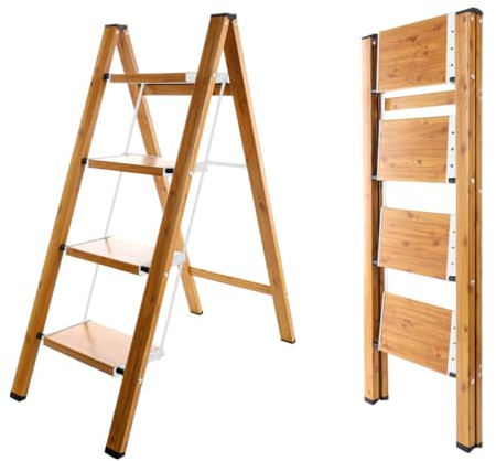 BAOYOUNI Scaletta pieghevole a 4 gradini, portatile, leggera, in alluminio, con pedali larghi antiscivolo, capacità 150 kg, per casa, cucina, giardino, ufficio, colore bianco + venature del legno