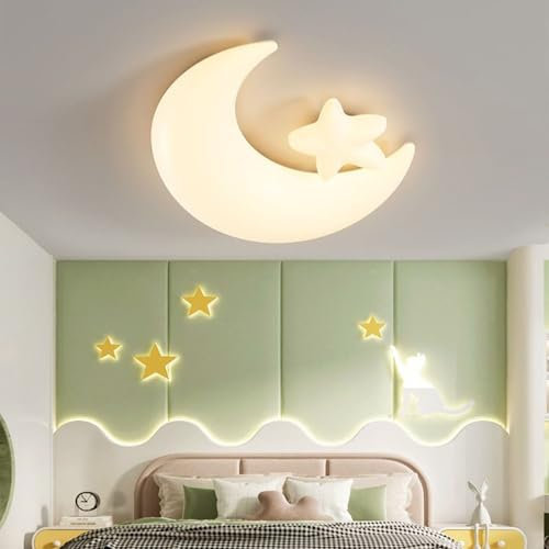Modern LED Kinderzimmerlamp Dimmbar Mond und Sterne Deckenleuchte für Kinder Kinderzimmer Deckenlampe mit Fernbedienung PE Lampenschirm 40W Augenschutz Lampe für Junge Mädchen Schlafzimmer