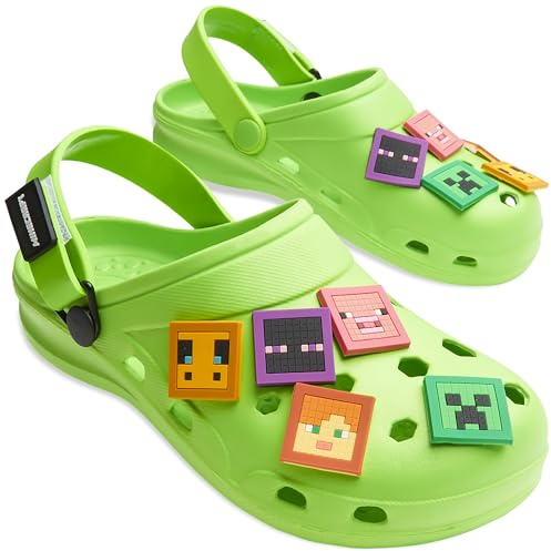 Minecraft Clogs Clogs Boys Shoe Charms Garden Shoes Slip On Ankle Strap Indoor Outdoor Beach Holiday Essentials (Green with Charms, 13/1 UK)