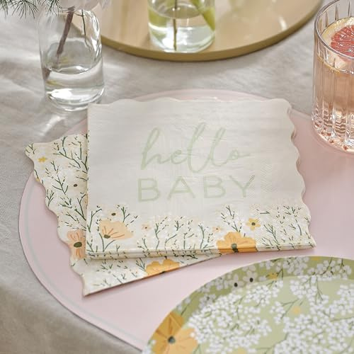 Ginger RayGeblümte „Hello Baby“-Papierservietten, doppelseitig, gewellt, Babyparty-Geschirr, 16 Stück, Pastel