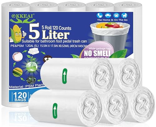 OKKEAI Pequeñas Bolsas Plástico de Basura Blancas de 5 l, 120 Unidades para Papeleras, Cuarto de Baño, Oficina, para Cubo de Basura con Pedal de 3-6 L