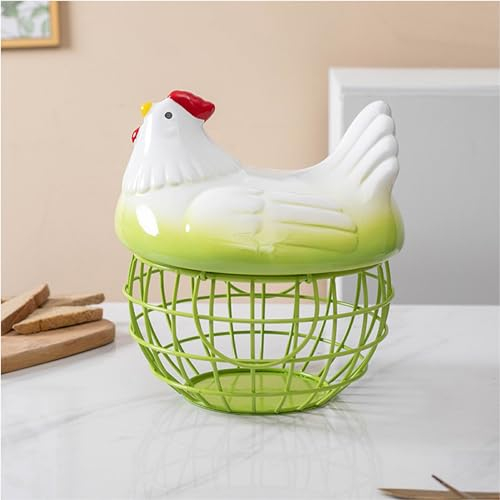 Cesta para Huevos de Gallina, Cestas de Alambre para Recolección de Huevos con Tapa de Cerámica para Recolectar Huevos Frescos, Tapa de Cerámica en Forma de Pollo con Base de Cesta de Alambre(#4)