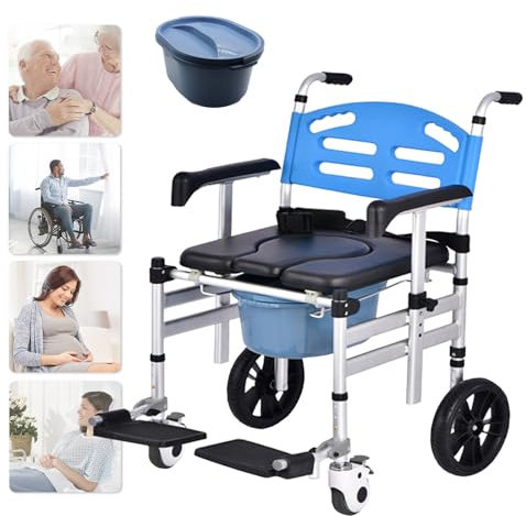 Naturalpowev Shower Chair with Wheels, 350lbs Bedside Commode with Padded Seat, Rolling Shower Chair with Arms and Backrest, for Elderly, Disabled, Adults
