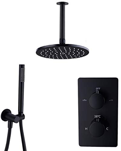 Klassische Dusche, an der Decke montiertes Messing-Thermostat-Duschset in Schwarz mit 8-12-Zoll-Badezimmer-Regendusche-Wasserhahn-Set und mit Handbrause, Luxus-Duschset, 10 Zoll (12 Zoll)