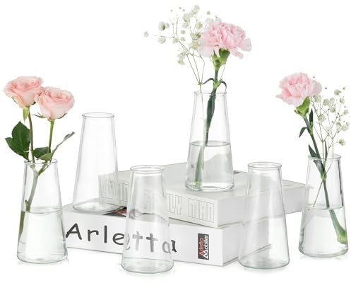 Hewory Bud Vases for Flowers: 6pcs Small Vases for Table Decoration - 13cm Tall Small Glass Vase Modern Flower Vase Set for Wedding Centrepiece Party Birthday Living Room Decor Home Baby Shower