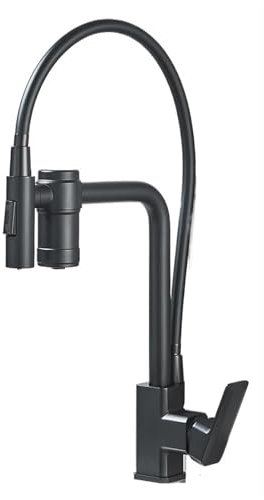 HDWMOJZT Robinet de Cuisine filtré Gris, Robinet d'eau Potable à pulvérisation extractible avec percolateur, Robinet mitigeur de Purification chromé pivotant à 360 degrés(Black -1)
