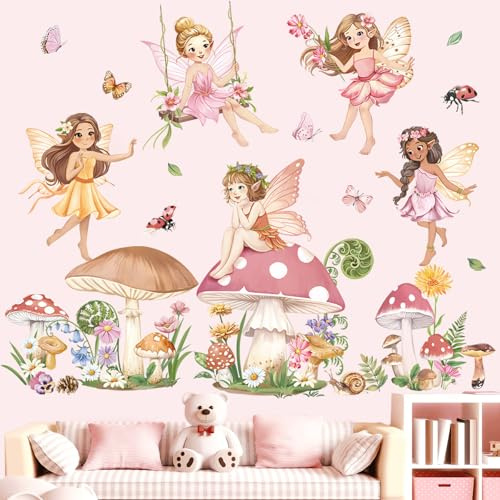 decalmile väggklistermärke älvor blommor barnrum väggtatuering rosa fjäril svamp blommigt väggklistermärke flicka barnrum sovrum babyrum väggdekoration