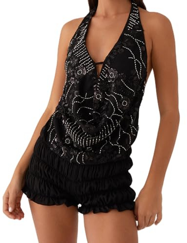 Backless Sequin Camisole Tops for Women Sexy Deep V Neck Spaghetti Straps Tank Top Y2K Sparkly Summer Going Out Cami Tops for Teens Girls (Light Cowel Halter Neck Black, M)