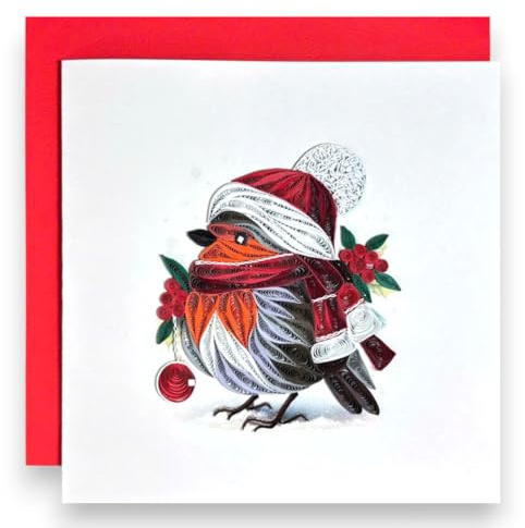 HAIANCO Handmade Quilling Christmas Card 3D Robin Bird with Santa Hat and Scarf Red Envelope Blank Inside Holiday Greeting for Winter Gift or Seasonal Decor for Her Friends Family Teachers