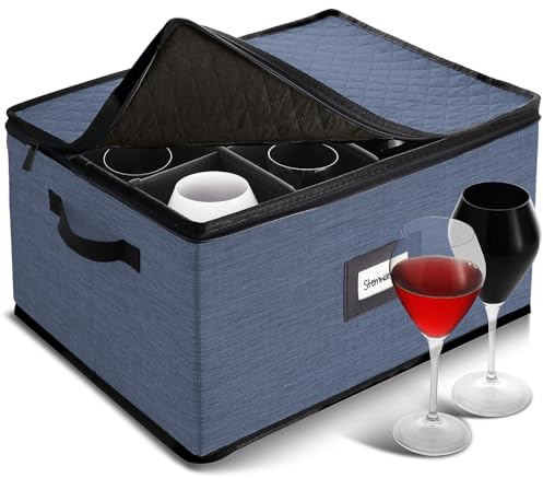 Hearth & Harbor Caja de almacenamiento para copas de vino con divisores, cajas de almacenamiento acolchadas y apilables, servicio de 12 recipientes de vidrio de porcelana dura para mudanza y