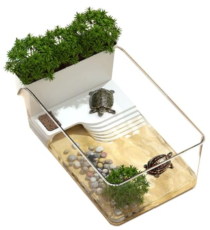 Wasserschildkröten Terrarium, Schildkröten Terrarium, Kleines Aquarium für Reptilien, mit Kletterplatz Blumentopf, PET, 32.7x19.3x12.2cm, für, Büro, Desktop Landschaft
