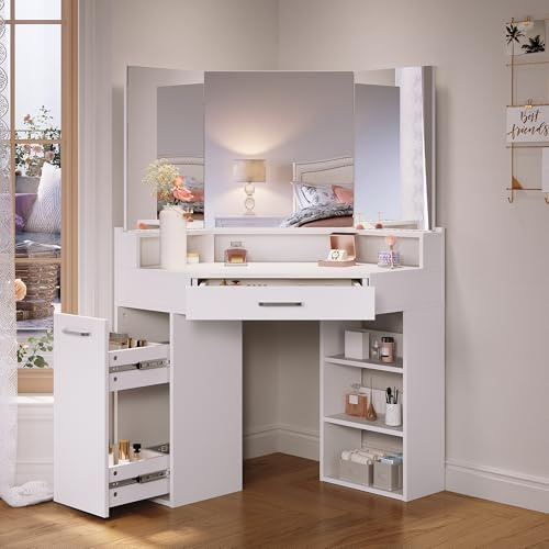 SONNI Grande coiffeuse d'angle 110 cm, avec triple miroir, grand tiroir, armoire coulissante et étagères, commode pour chambre à coucher, 110 x 54 x 141,5 cm, blanche