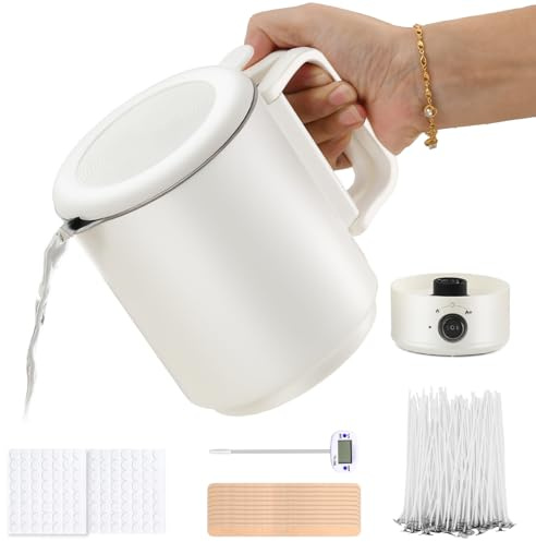 Wachsschmelzer, Wachsschmelztopf, Candle Making Kit, Kerzen Selber Machen, Kerzenwachs Schmelztopf Mit Wachsschmelzer, Thermometer, 100 Kerzendochte, 100 Docht Aufkleber, 10 Dochthalter und Rührlöffel