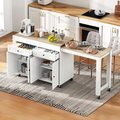 Sweiko Îlot de Cuisine Mobile Pivotant à 360° avec Plan de Travail et Deux Tiroirs, Côtés Extensibles, Sept roulettes, Installation Simple (White+Natural)