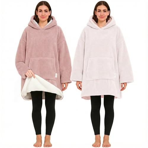CalmyLIFE Hoodie Decke mit Ärmeln - Sherpa Wende Deckenpullover Oversize Kuscheldecke zum anziehen Kuschelponcho für Damen Herren XXL Poncho Blanket Pullover