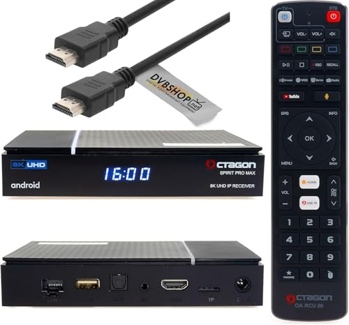 [Test SEHR GUT *] Octagon Spirit PRO MAX 8K Android TV Box + DVBSHOP HDMI Kabel, Dual Band WiFi WLAN, Bluetooth Fernbedienung mit Sprachsteuerung, HDR10+, 4GB RAM 64GB Flash, TV Receiver, 4K UHD