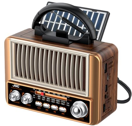 Poste Radio Portable: Vintage Petite Radio Ondes Aspect Bois avec Support pour Téléphone, Excellent Reception, Rétro Radio Vintage avec Panneau Solaire pour Personnes âgées