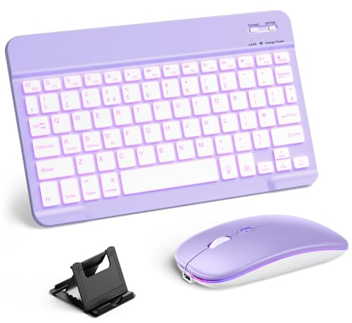Vobafe Bluetooth Keyboard and Mouse Set with Phone Holder, Backlight | Quiet Rechargeable Wireless Keyboard and Mouse for iPad/Samsung/iOS/Android/Windows, Ultra-thin keyboard, UK layout, Lavender