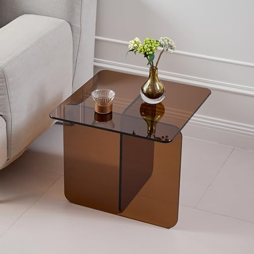 FENGHUA GLASS HOME Beistelltisch aus Gehärtetem Glas, Moderner Nachttisch, Braun Getöntes Glas für Wohnzimmer & Schlafzimmer, Minimalistisches Design, 45x45x41cm