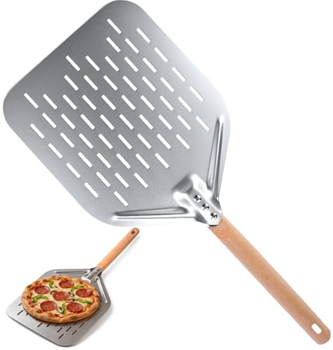 Pala para Pizza Perforada de Aluminio, 40 x 30 cm, 12 Pulgadas, con Mango de Madera Retirable, Superficie Grande, para Horno, Barbacoa, Piedra para Pizza, Cocinar Pizza, Pan y Masa