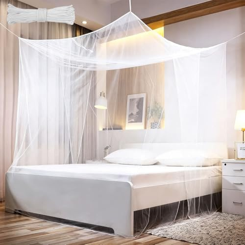 Moskitonetz für Doppelbett Einzelbett, 220x200x200cm Großes Moskitonetz Bett, Feinmaschiges Mückennetz Bett, Fliegennetz Moskitonetze mit 10m Weiß Seil für Zuhause Outdoor Reise