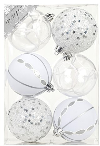 Inge-Glas Christbaumkugeln 8cm Silber/Weiß Motive Ornament Dekor Kunststoff bruchfest Dekokugeln Weihnachtskugeln Baumkugeln Baumschmuck Set Christbaumschmuck Weihnachtsschmuck 80mm