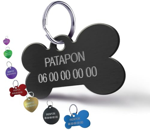 Médaille Gravée pour Chien et Chat – Médaillon d’Identification Personnalisé 2 Lignes En Aluminium Anodisé – Gravure Recto Verso avec Nom & Numéro (Petit Os-31 mm, Noir)