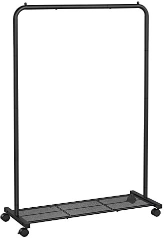 SONGMICS Perchero Burro, Burro de Ropa con Ruedas, Perchero de Metal, Barra Colgante de 91 cm de Ancho, con Estante, 2 Ruedas Bloqueables, Barra Superior Soporta hasta 40 kg, Negro HSR25BK