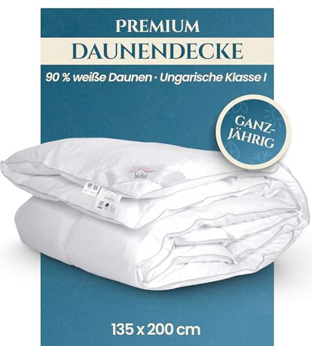 Aura® Luxus Ganzjahres Daunendecke 135x200 cm | Premium 90% weiße Daunen ungarische Klasse I | Oeko-TEX® Standard 100 | Allergikergeeignet Bettdecke für Frühling & Herbst