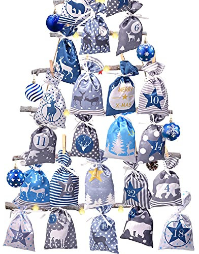 Adventskalender zum Befüllen Stoffbeutel, 24 stoffsäckchen Kette zum selber Basteln und Aufhängen, 2025 Weihnachtskalender zum selbst füllen mit Blau Grau Stoff Säckchen für Kinder junge männer