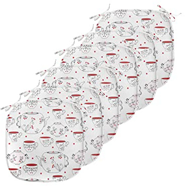 Ambesonne Tea Party Chair Seating Cushion Set of 6, Doodle Style Crockery Illustration of Floral Patterned Kettles and Cups, Anti-Slip Seat Padding for Kitchen & Patio, 16x16, Red Black White