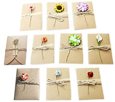 WYAN 10 Stück Getrocknete Blumen Grußkarten mit Kraftumschlag,10 verschiedene Arten von Blumen,Handgefertigte Grußkarten,Dankskarten(175 * 110mm)
