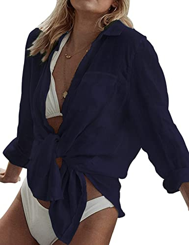 Niwicee Strandklänning dam bikini täcka blus v-ringad strandponcho dam enfärgad sexig sommar badkläder strand täckande skjorta lätt transparent skjorta, Marinblå, L