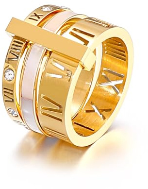 Jarlinwel Stainless Steel CZ Zirconia Roman Numeral Ring For Women Stacking Thumb 3 in 1 Spinner Rings (Gold Shell-Inlaid, 8 Runs small)