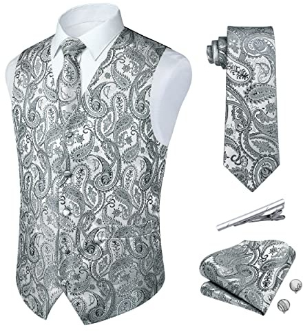 Rithern Gilet da abito uomo Elegante Paisley Floreale Grigio Chiaro Panciotto Uomo Jacquard Cravatta Fazzoletto Set con Gemelli e Fermacravatta Gilet Per Nozze Festa Gilet XL
