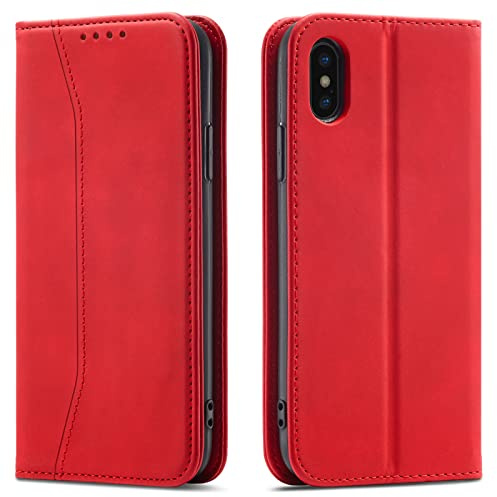 OKZone Kompatibel mit iPhone XS Max (6,5 Zoll) Hülle, Magnet Leder Tasche Handyhülle, Kartenfächer Schutzhülle, [Premium PU Leder] Flip Klappbare Stoßfeste Magnetische Standfunktion (Rot)
